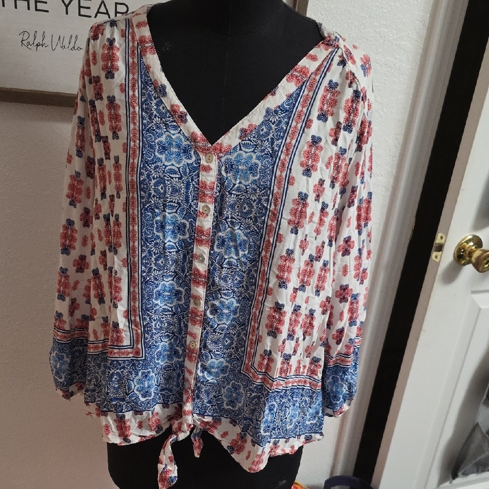 Ruby Rd Blue and White 3/4 Sleeve Tie Front Blouse